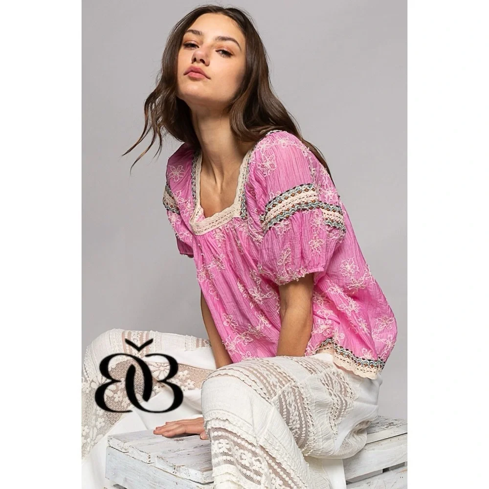 POL Pink Floral Embroidered Square Neck Chiffon Top Oversized - Picture 5 of 10